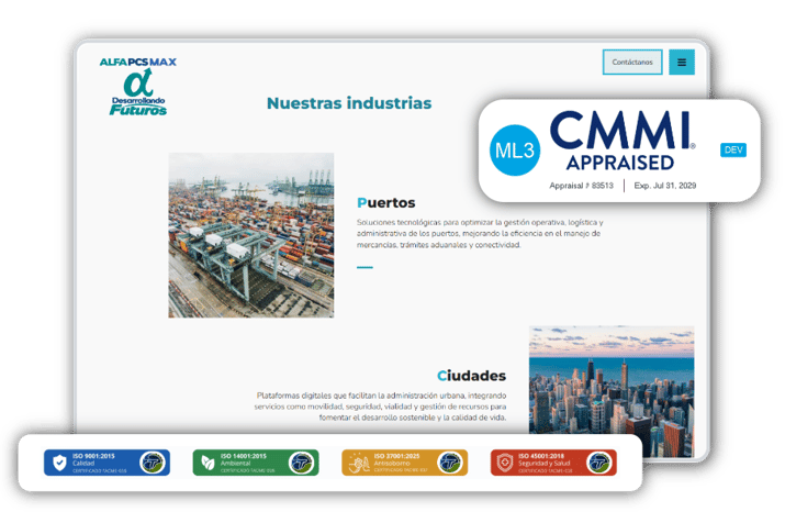 Vista del sitio web y certificaciones vigentes CMMI e ISO vigentes de la empresa Alfa PCS MAX, cliente de la consultoría de Sugeris.