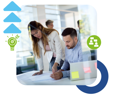 Consultor y cliente trabajando en un proyecto juntos. Iconos de ideas y diálogo.