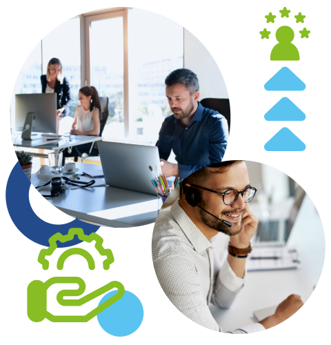 Un equipo de ejecutivos utilizando una computadora y un técnico de soporte de TI corporativo brindando atención al usuario. Íconos de acuerdo de nivel de servicio y de satisfacción del cliente.