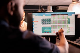 Fotografía de analista de TI revisando un panel de datos y riesgos en un monitor para la certificación ISO 27001