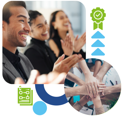 Equipo celebrando y aplaudiendo sus logros. Manos unidas. Iconos de proyecto y galardón.